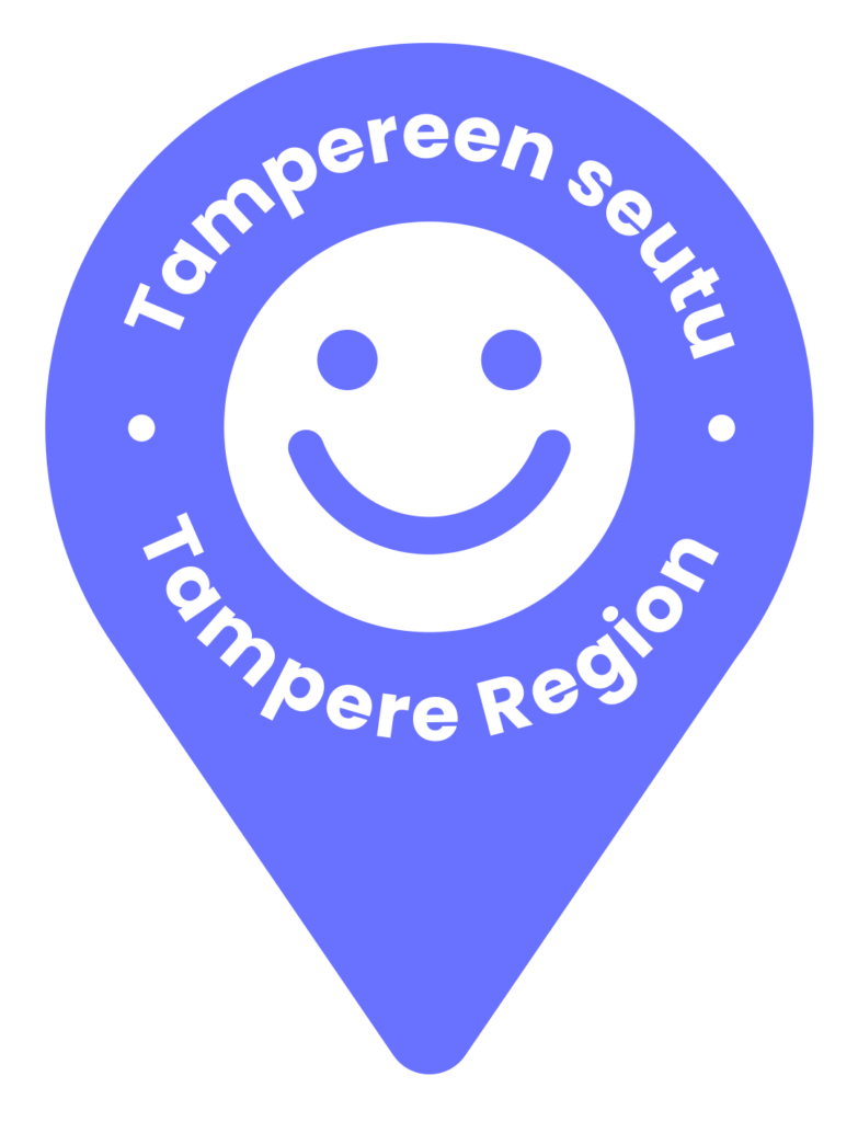 Violetti, hymynaamaa esittävä sijaintimerkki, jonka kehällä lukee “Tampereen seutu” ja “Tampere Region”.