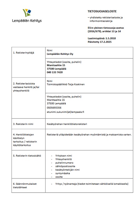 Kesätyörahan tietosuojaseloste